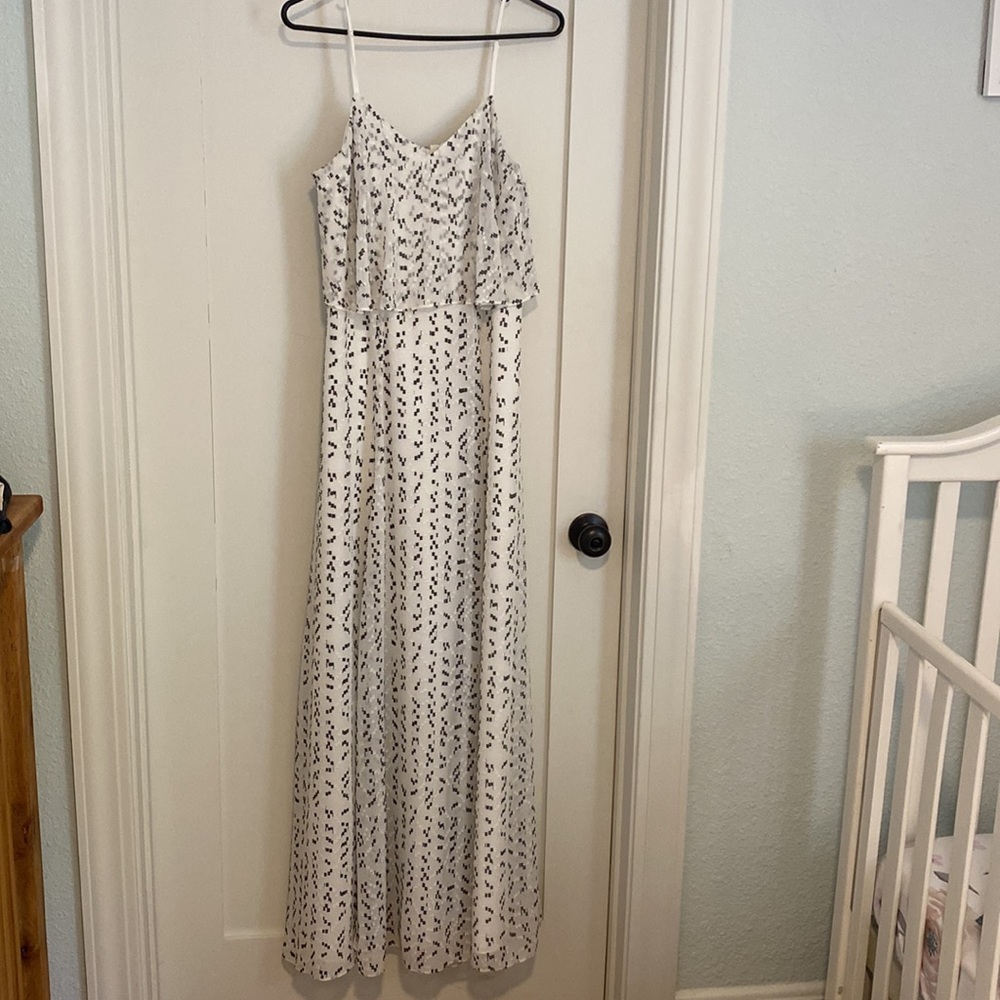 Halston spaghetti strap white maxi dress with black & white detail